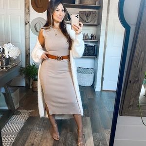 New Nude Taupe Sleeveless Midi Sweater Dress